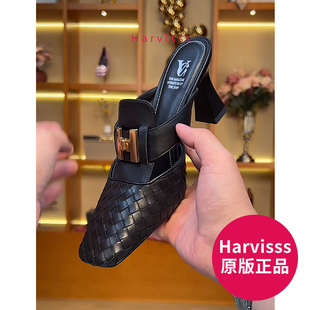 Harvisss2024夏新款 6cm 气质金扣手工编织包头真皮软面女士拖鞋