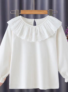 女童纯棉打底衫2024春秋款7洋气长袖T恤外穿中小童花边领白色衣服