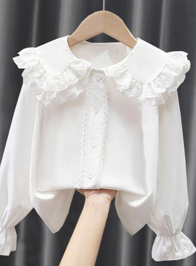 女童纯棉娃娃领长袖衬衫春秋2025新款中大童洋气儿童白色表演上衣