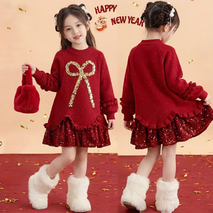 女童新年连衣裙冬装2026新款儿童加绒长袖卫衣裙中大童红色拜年裙