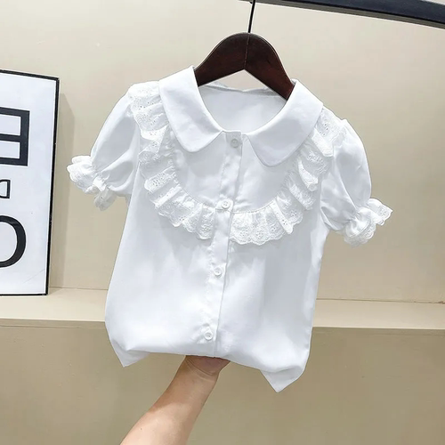 女童学院短袖娃娃领衬衫2026中大童表演上衣女孩白色衬衣儿童夏装