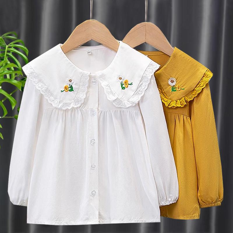 女童春装衬衫2025新款中大童女孩宽松娃娃领衬衣洋气春秋款白上衣