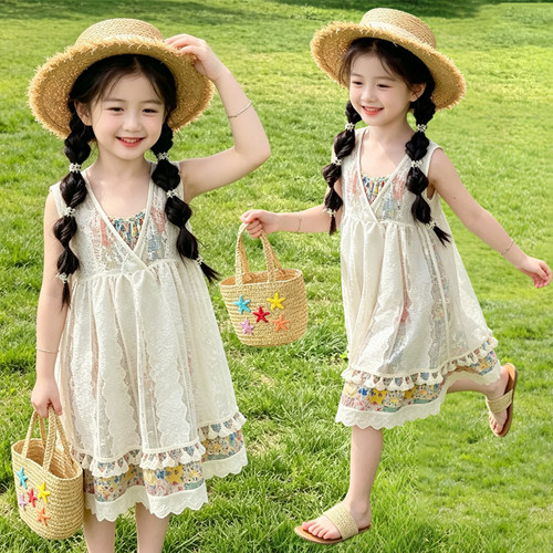 女童夏季度假风吊带裙网纱连衣裙