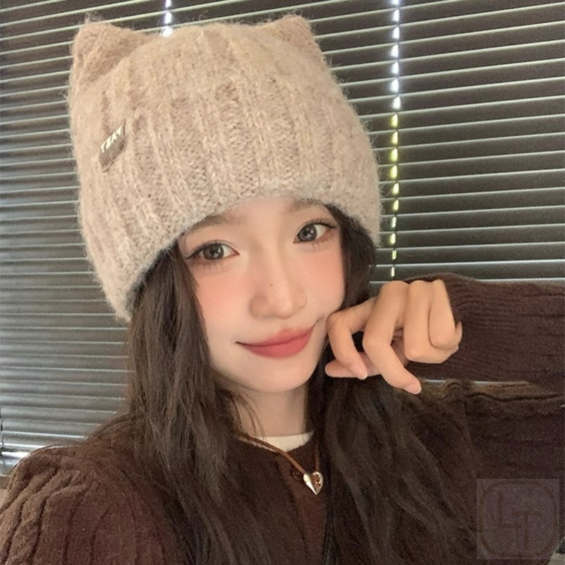 猫耳朵毛线帽子女秋冬季新款保暖可爱针织帽休闲百搭冷帽卡其色