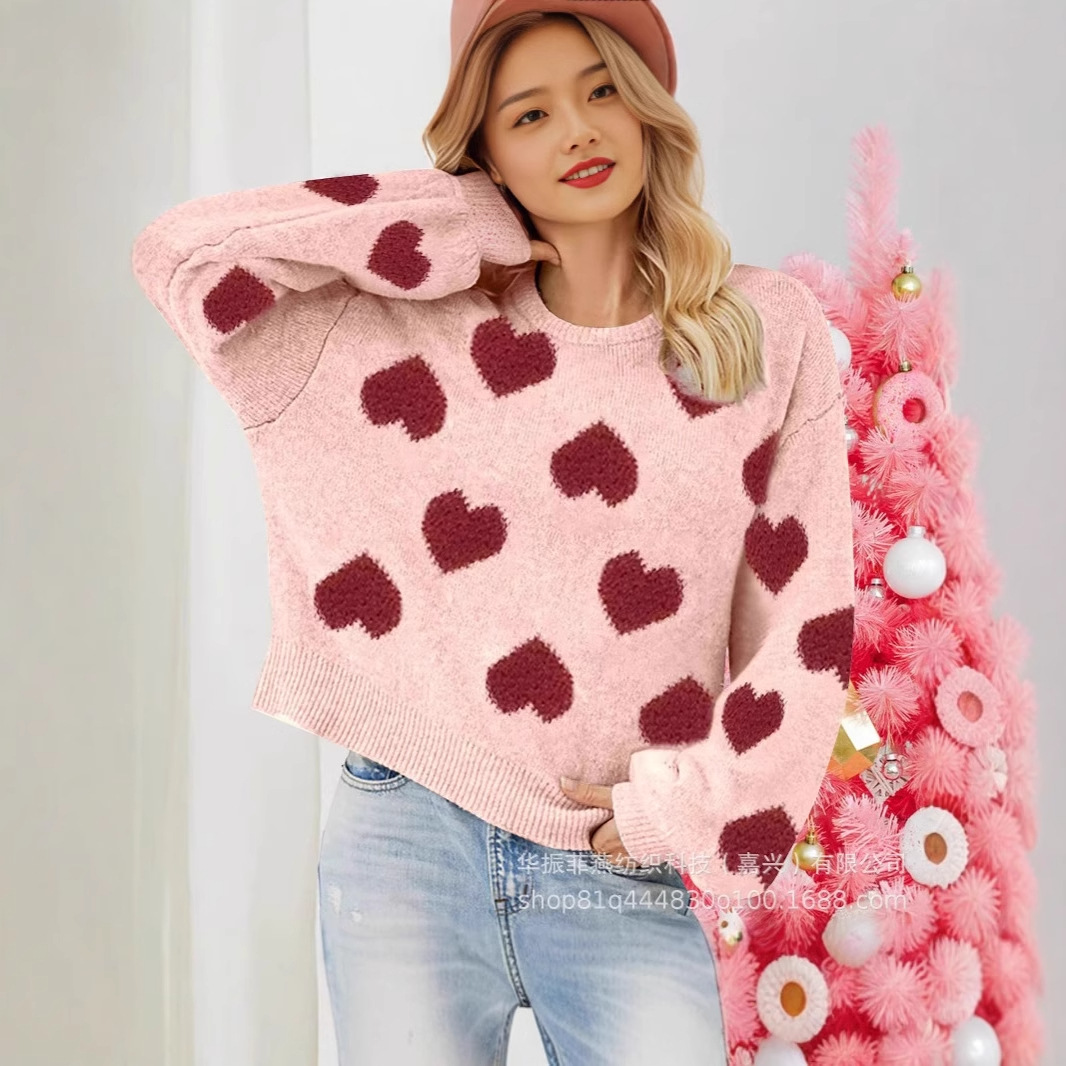 2024冬装新款欧美外贸女装毛衣爱心情人节圆领套头大码桃心毛衣女