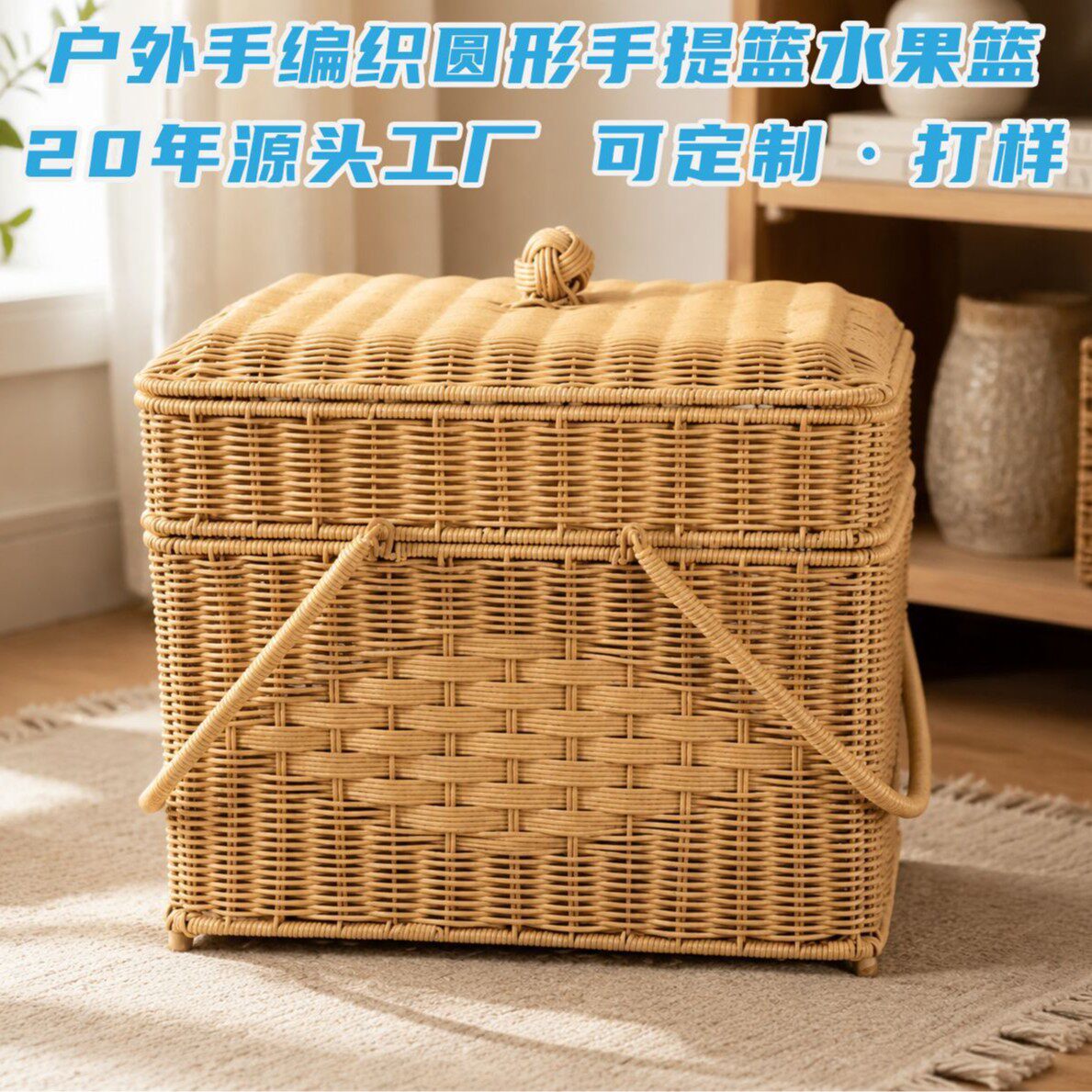 批发户外手编织圆形手提篮水果篮拜神祭祖拜拜篮纳筐仿藤编购物篮