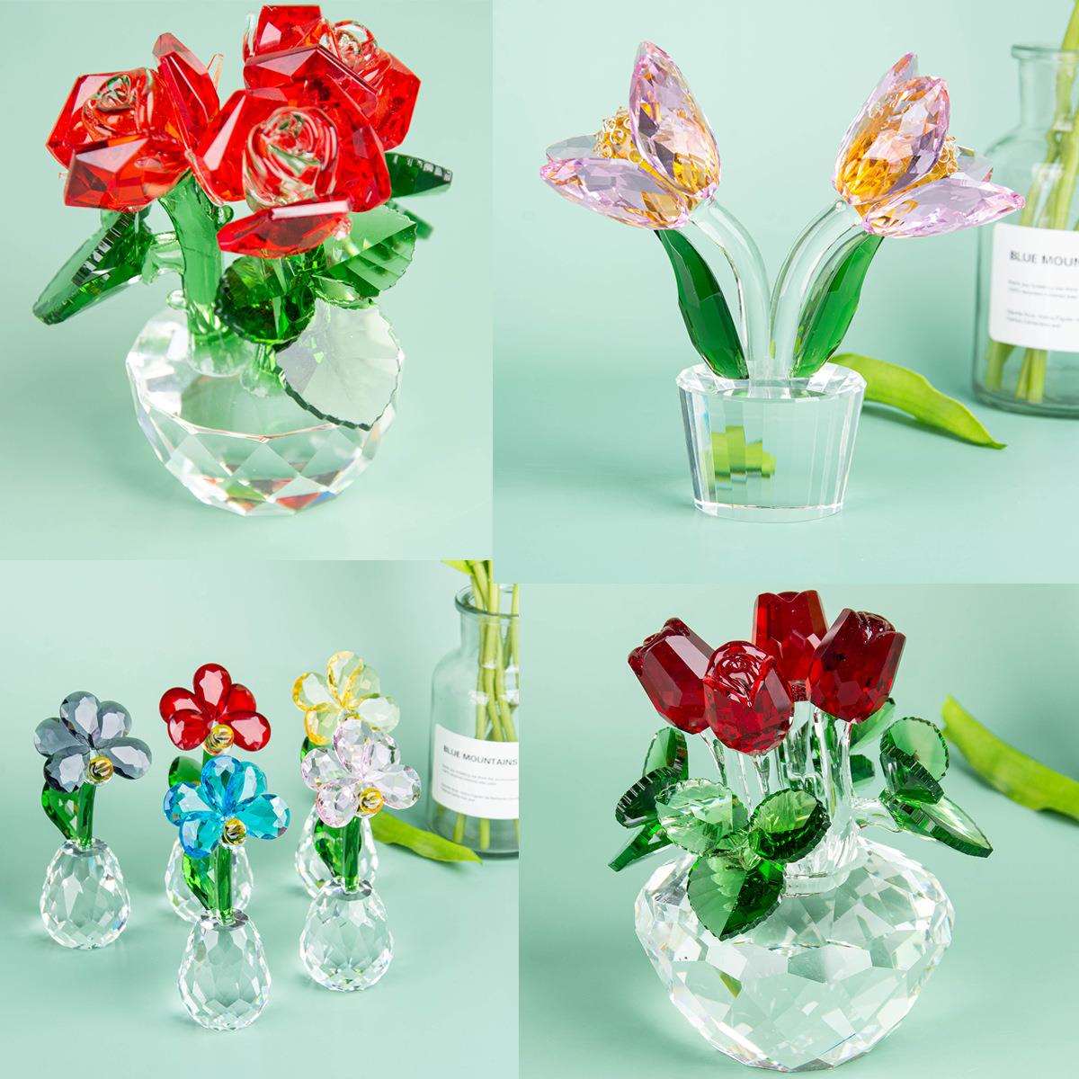 水晶玫瑰花摆件君子兰蝴蝶花创意家居车内装饰情人节水晶花摆件