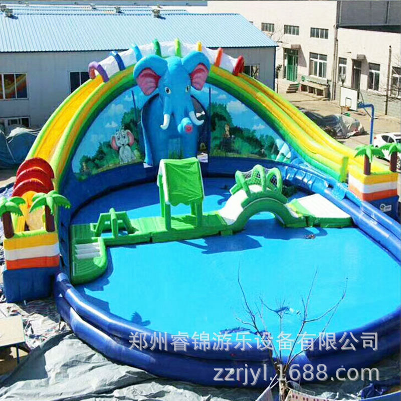 夏日玩水水上乐园组合鲨鱼龙鲨冰雪世界大象水滑梯儿童充气玩具厂