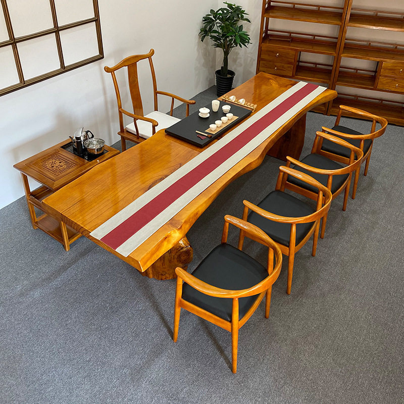 实木办公大板桌原木长条会议桌不规则整板泡茶桌会议洽谈桌椅组合