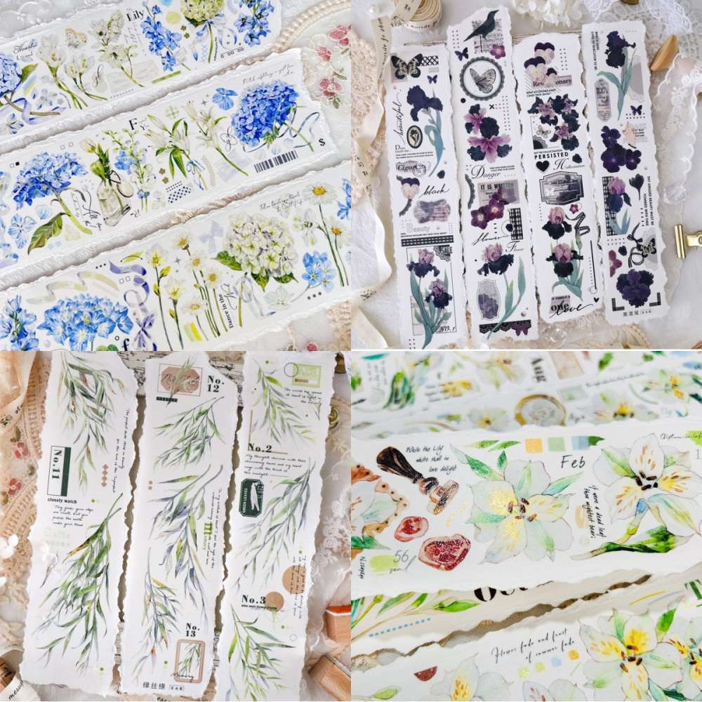 新款现货 宝石蓝黑鸢尾绿丝绦抹绿复古花柳树百仓家手帐和纸胶带