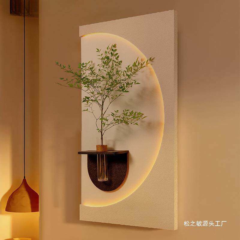 奶油风玄关装饰画水培绿植壁灯光画感客厅挂画入户正对门壁画