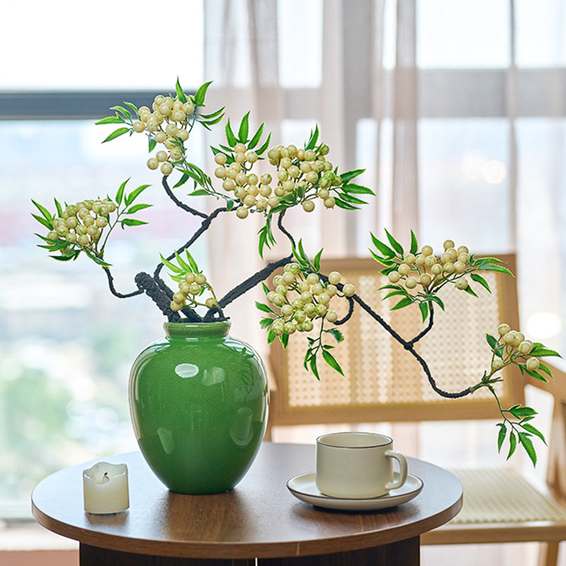 高档仿真花新中式绿色陶瓷花瓶客厅插花花束轻奢复古摆件装饰品