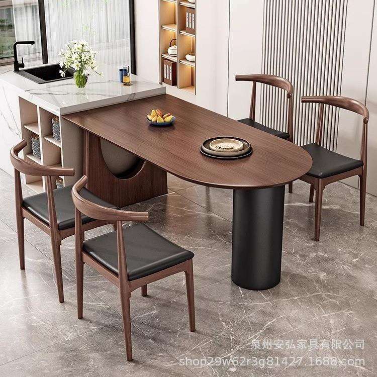 北欧实木创意长桌家用小户型椭圆餐桌设计师岛台饭桌中古风配色