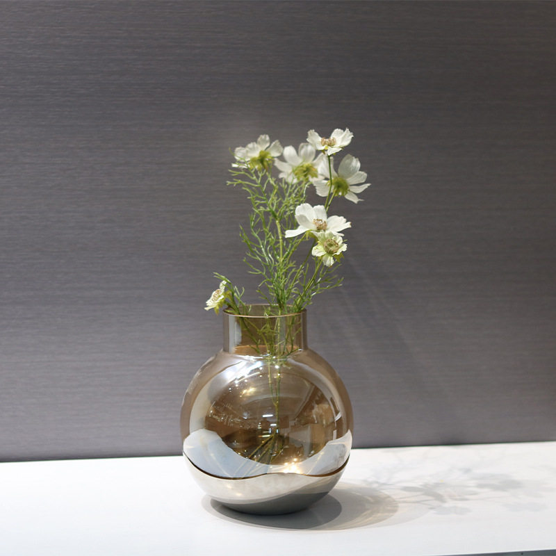 现代简约大肚子圆球茶色玻璃花瓶鲜花插花北欧现代客厅餐桌摆件