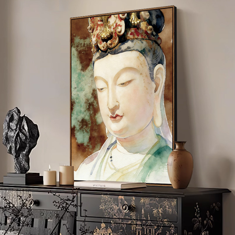 中式观音菩萨装饰画客厅书房禅意佛像挂画传统艺术画北齐观音壁画