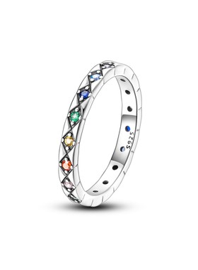 MYBEBOA/美缤宝 纯银S925 彩虹色菱形格锆石彩钻女士戒指时尚