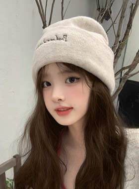 2025韩版刺绣字母针织帽子女秋冬季大头围保暖显脸小毛线帽冷帽男