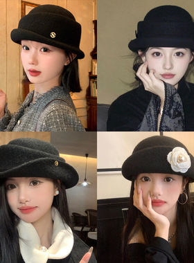 赫本风优雅毛呢礼帽女秋冬气质高级感针织渔夫帽保暖百搭千金帽子