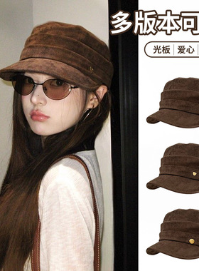 麂皮褶皱平顶马术帽2025新款复古做旧报童帽休闲百搭显脸小鸭舌帽