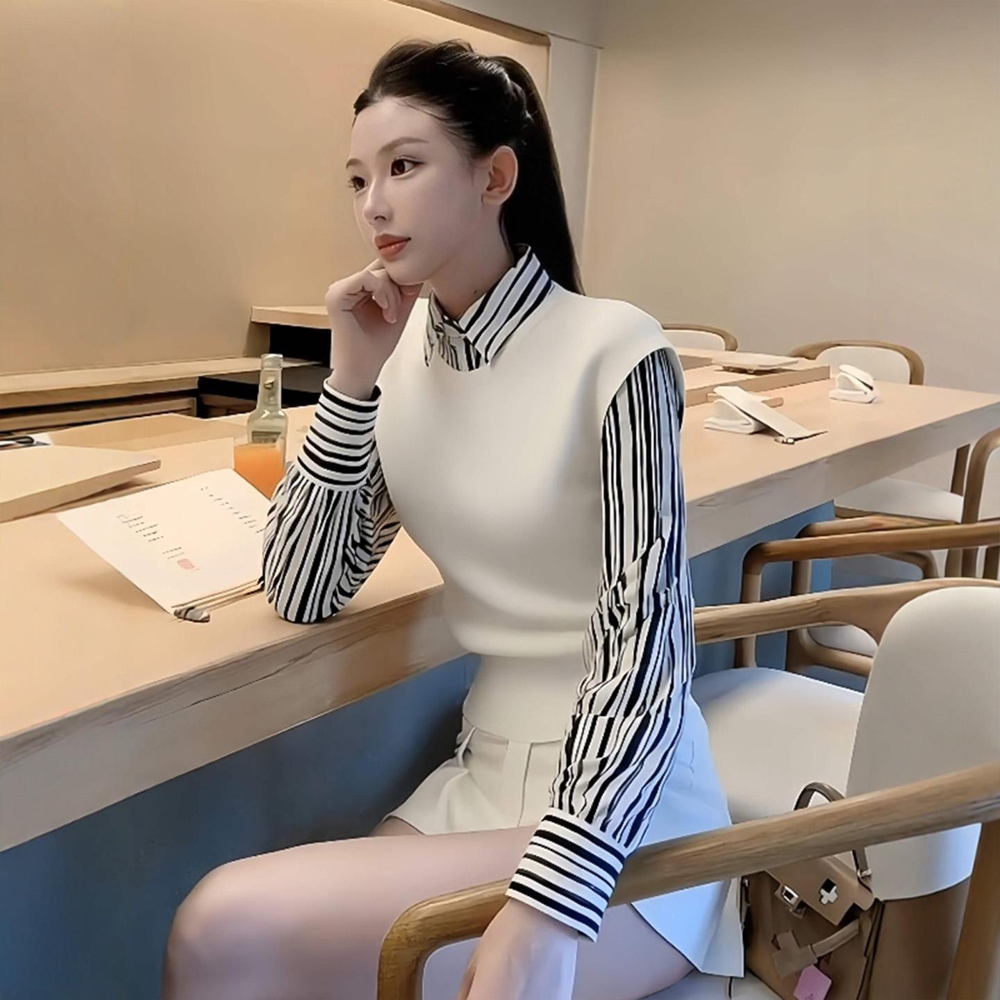 ROUMIKL白色翻领针织衫叠穿马甲女装秋冬季2025新款外贸原单韩系