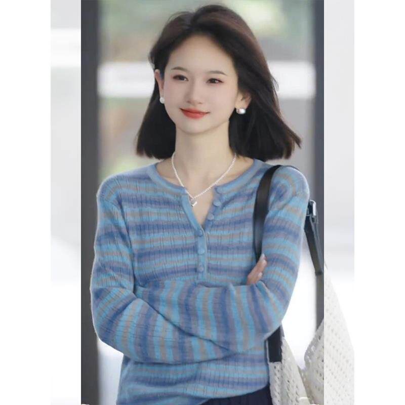 ROUMIKL蓝色渐变条纹防晒长袖t恤女装秋季2025新款外贸原单罩衫上