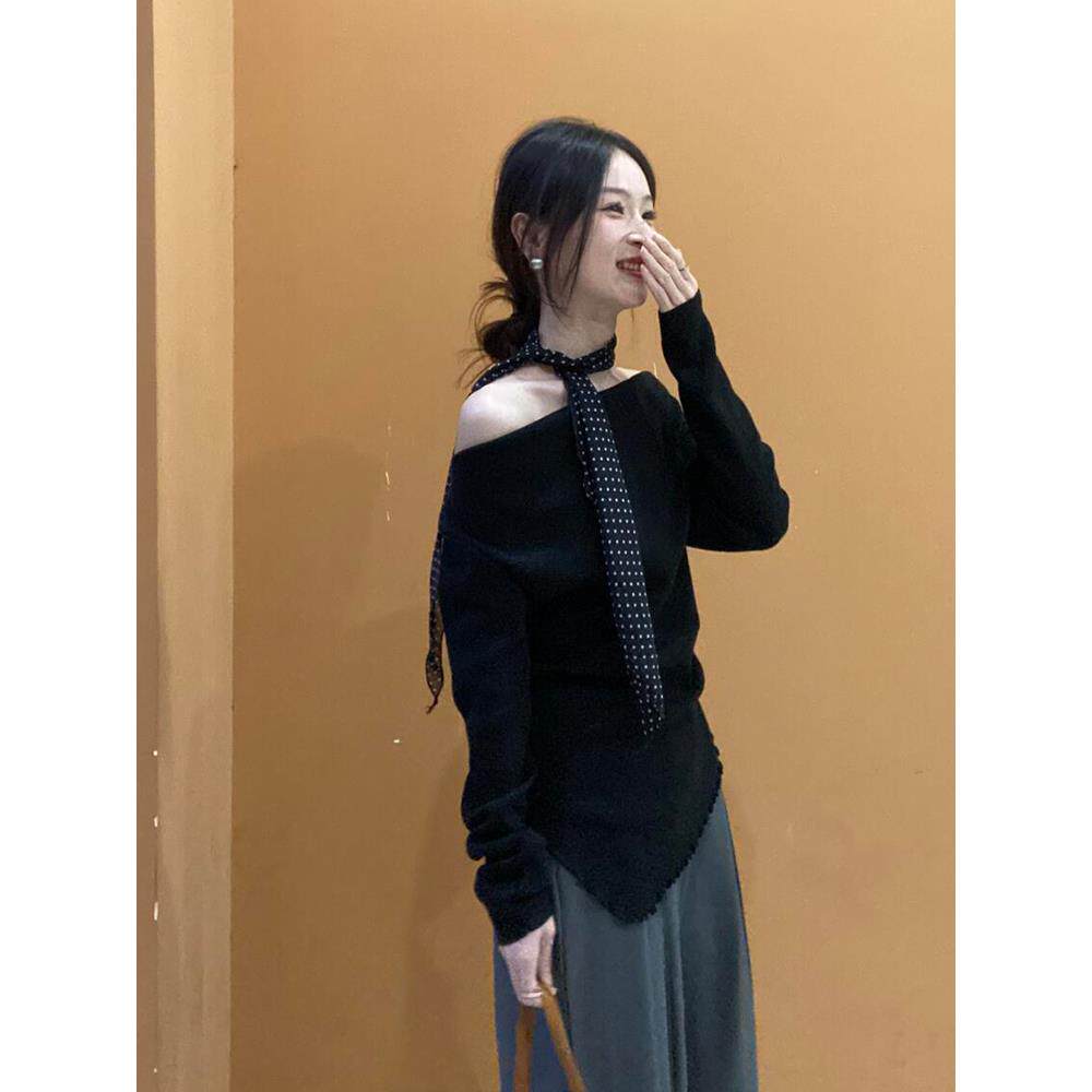 ROUMIKL一字肩黑色针织衫女装秋季2025新款外贸原单毛衣打底衫露