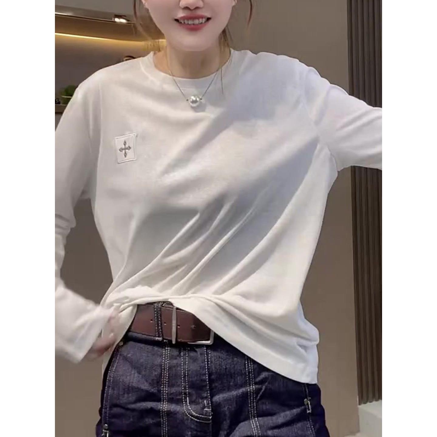 ROUMIKL时尚百搭气质白色上衣女装秋季2025新款外贸原单防晒圆领