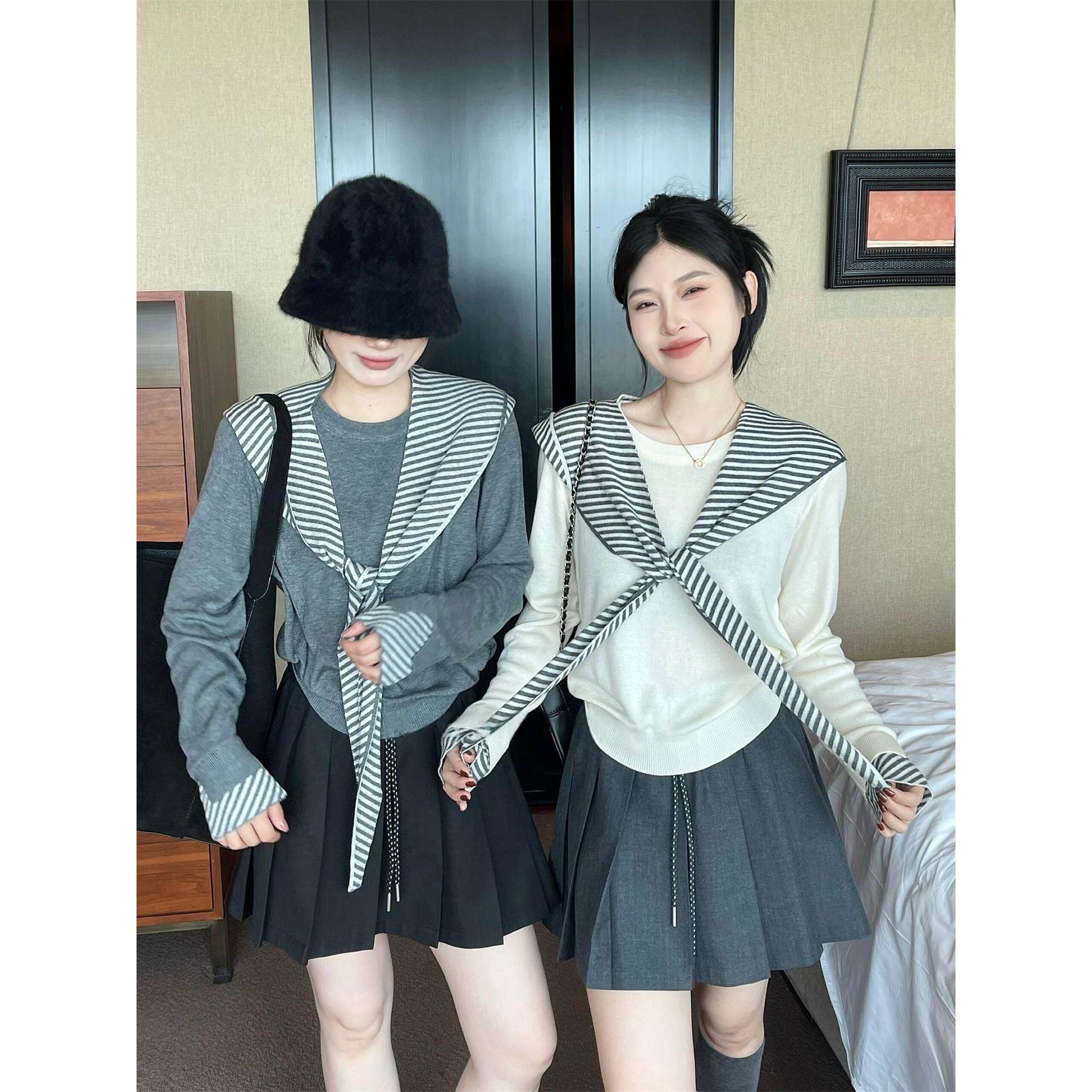 ROUMIKL学院风灰色条纹披肩长袖针织衫女装秋季2025新款外贸原单