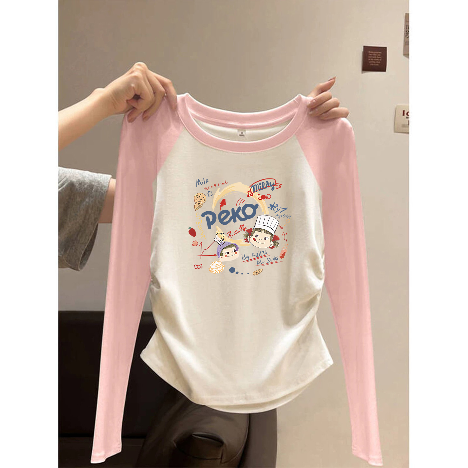 儿童纯棉插肩长袖t恤春秋修身女孩打底衫内搭女大童短款上衣秋装