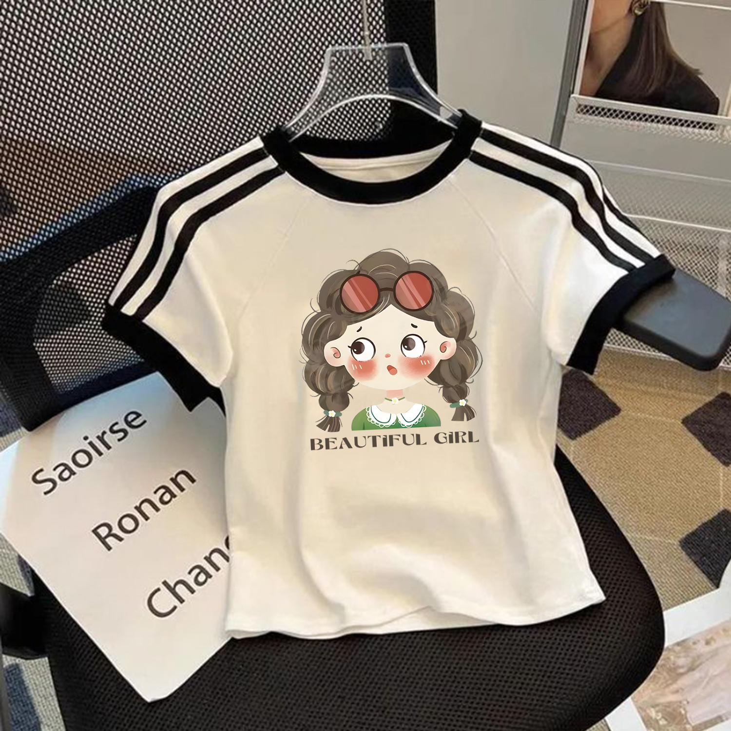 女童纯棉短袖t恤夏季2025新款儿童洋气卡通三条杠正肩短款上衣潮
