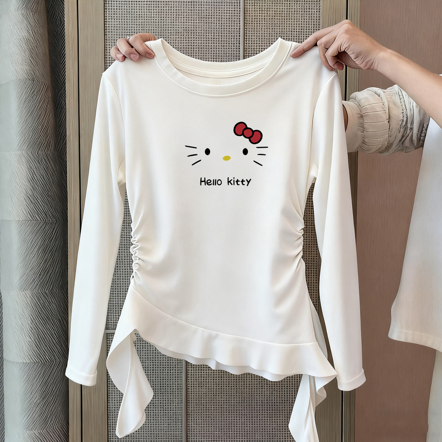 女童纯棉长袖t恤春秋儿童不规则荷叶边飘带短款收腰修身独特上衣,童装/婴儿装/亲子装,T恤,淘宝优惠券,粉丝福利购,淘宝优惠卷