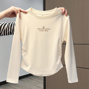 女童学生纯棉长袖T恤春秋季儿童洋气修身短款打底衫内搭白色上衣