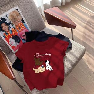 中大儿童纯棉短袖t恤2026夏季新款女童洋气宽松夏装正肩红色上衣