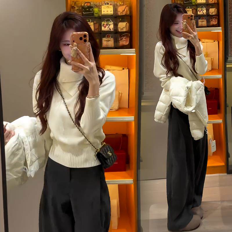 ROUMIKL秋冬装围巾领长袖毛衣女款2025新款小个子修身显瘦减龄减