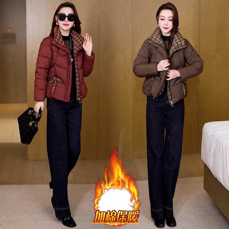 ROUMIKL2025冬季新款高级感拼接格子袄外套安可拉红加绒加厚服女