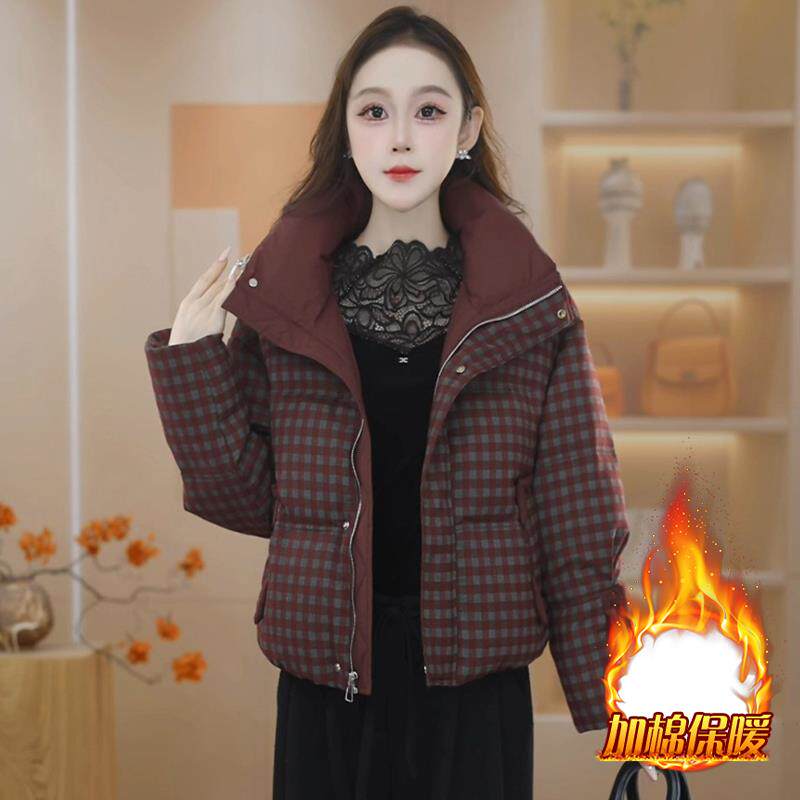 ROUMIKL高级感格子拼接服女款2025年冬季新款短款加厚保暖衣外套