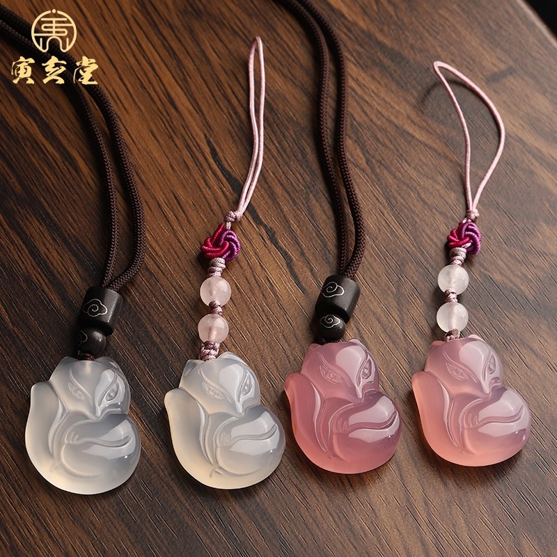 天然玉髓粉色狐狸挂件白色吊坠手机链包挂汽车钥匙扣吉祥物装饰品