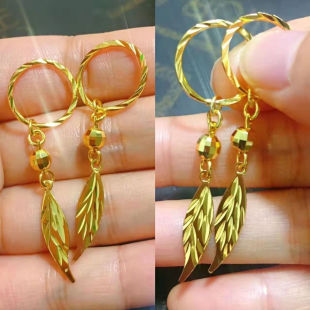 正品999纯金耳环24k黄金耳钉足金叶子耳坠女款金包银防过敏耳饰