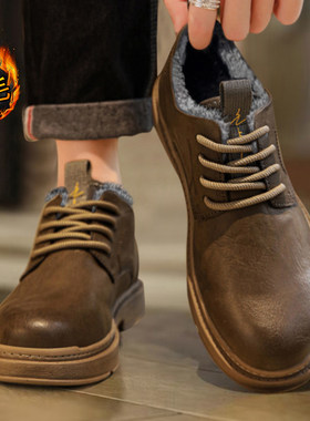 雪地靴男鞋2025冬季新款加绒保暖皮鞋子马丁靴低帮内增高卡其棉鞋