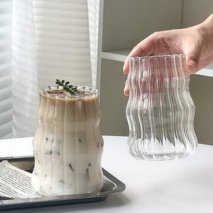 玻璃杯早餐杯曲咖啡杯硼硅线胖质材胖水杯ins风子耐热杯高牛奶杯