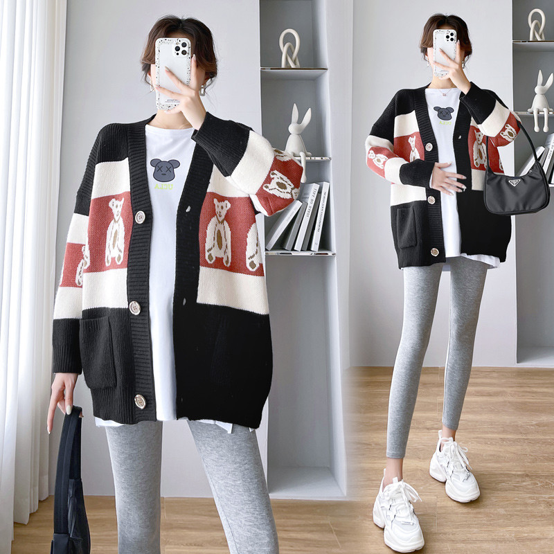 임산부 가을 의류 세트 패셔너블한 외출 긴팔 가디건 스커트 배를 덮는 루즈한 임산부 상의 투피스 니트 스웨터 세트