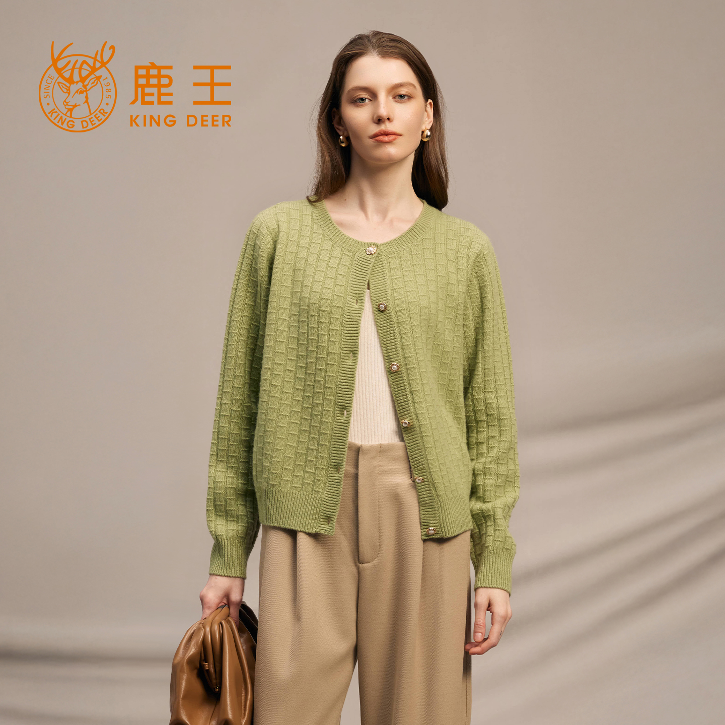 鹿王100%山羊绒衫女圆领开衫