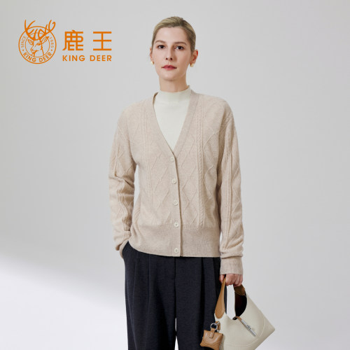 鹿王100%山羊绒V领开衫女早秋