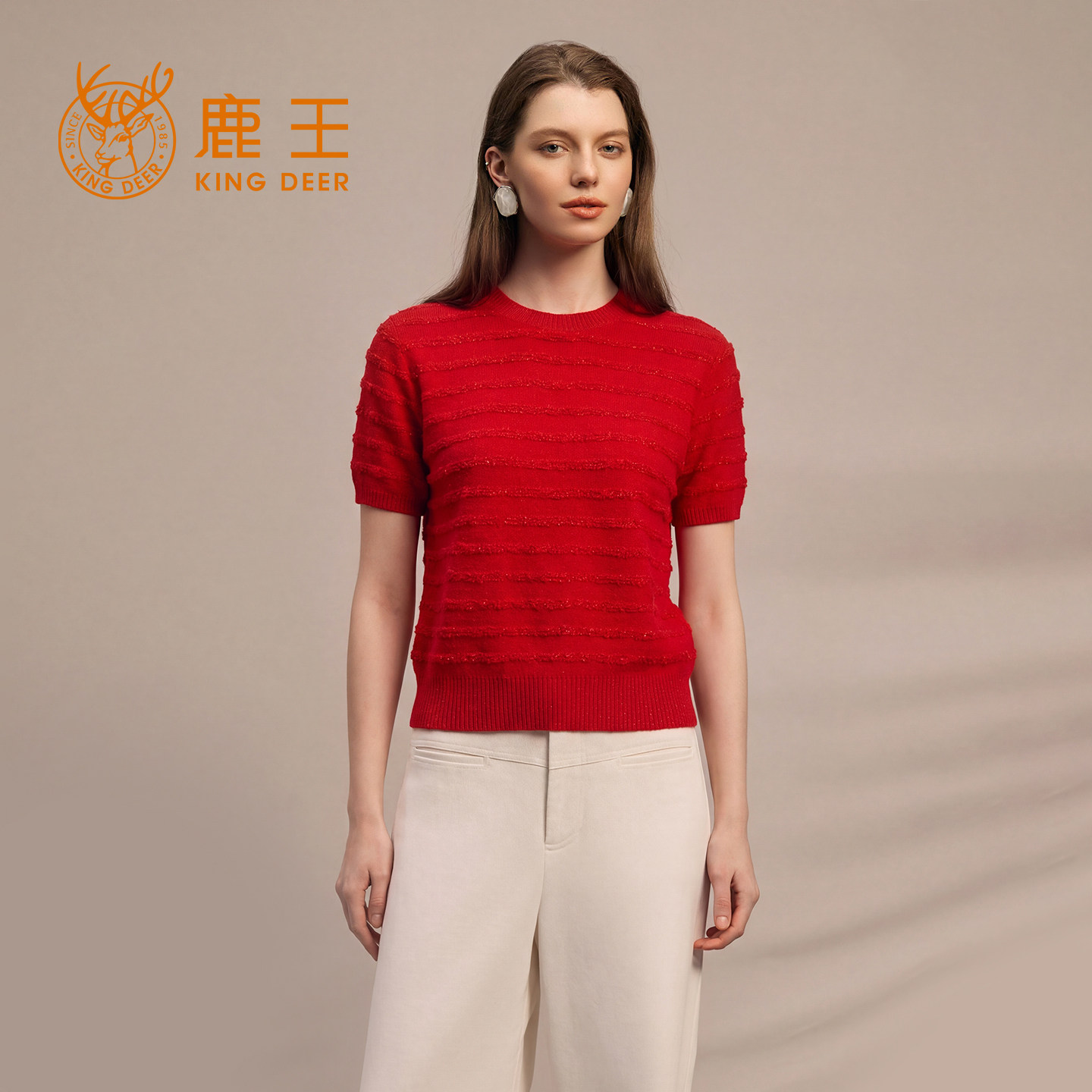 鹿王羊绒衫女圆领变化组织本命年红色百搭半袖套衫春秋冬新款