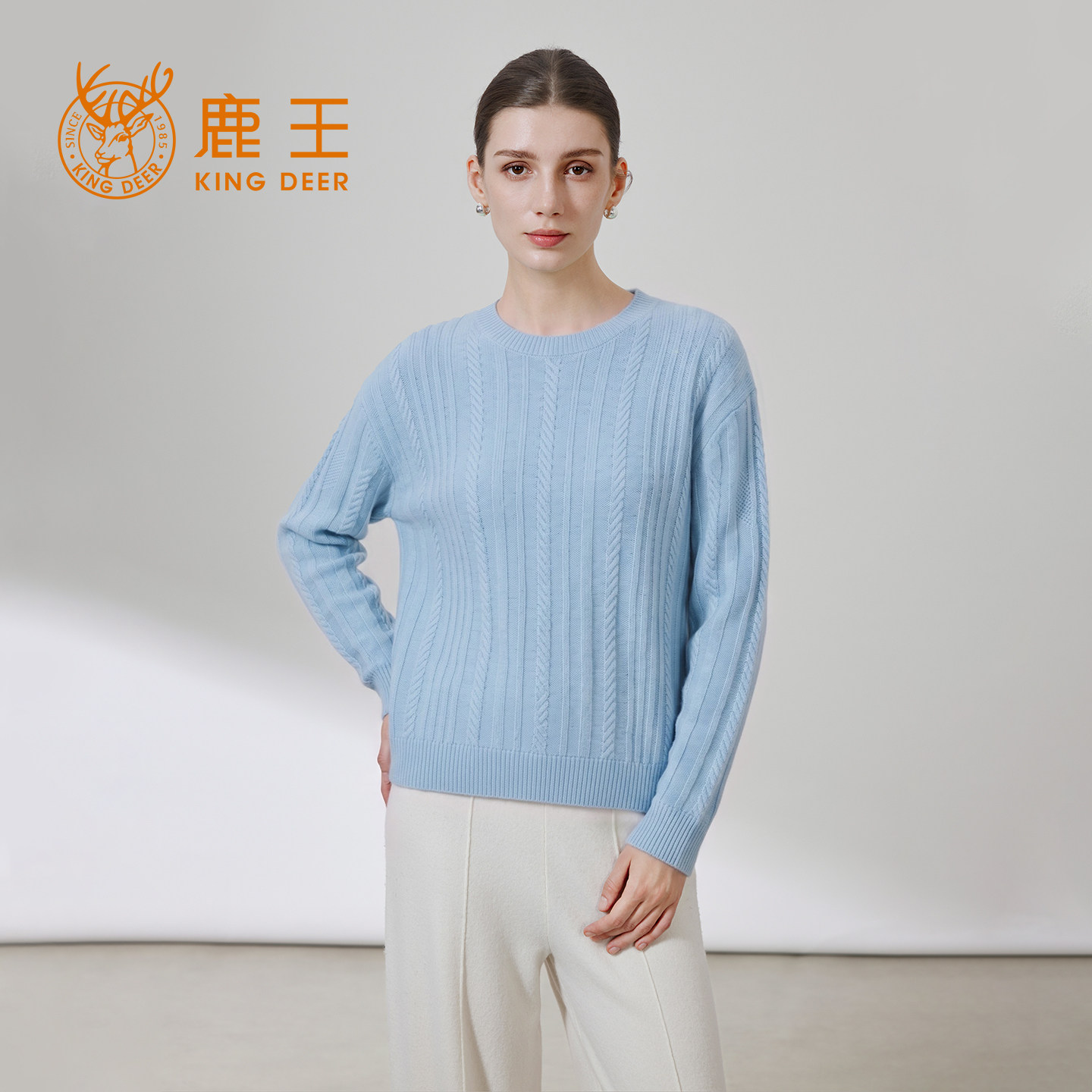 鹿王100%山羊绒女圆领毛衣