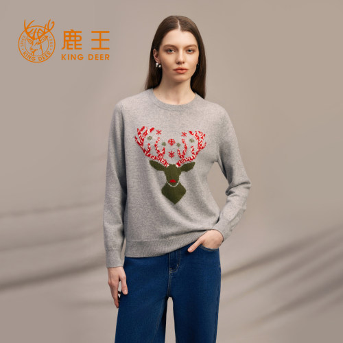 鹿王100%山羊绒衫女圆领长袖