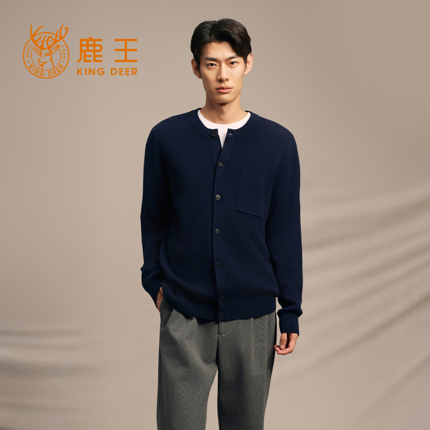 鹿王100%山羊绒衫男圆领开衫