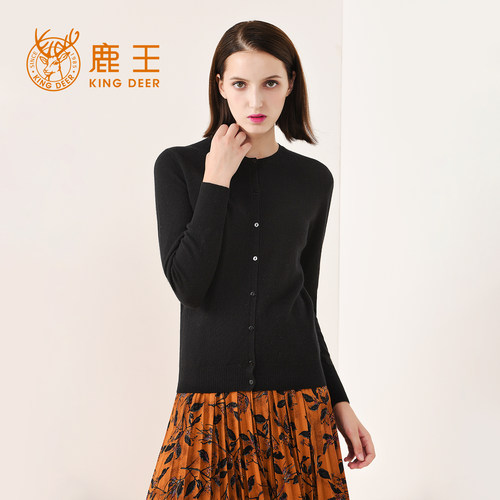 鹿王纯羊绒加厚开衫女士毛衣