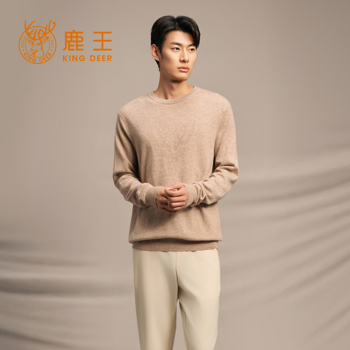 鹿王100%山羊绒衫男圆领针织衫毛衣内搭纯色保暖打底25年秋冬新款