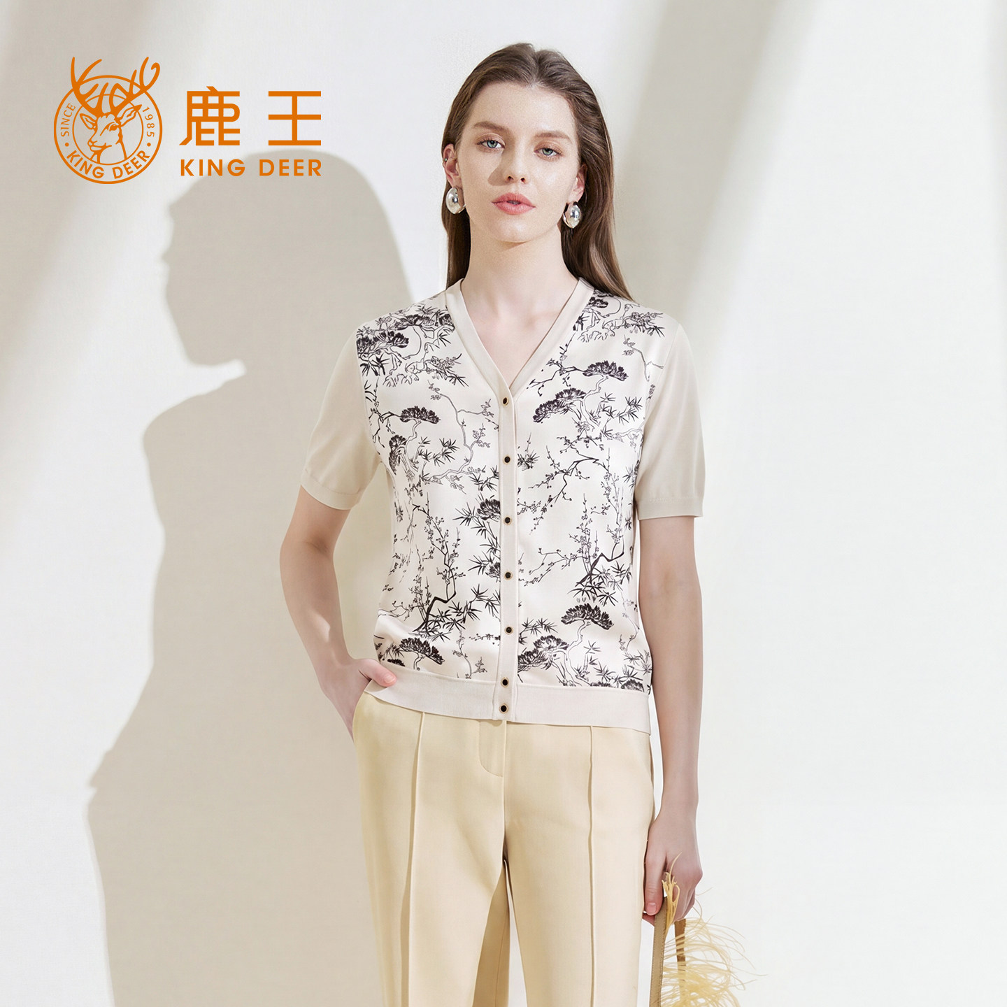 【专柜同款】鹿王【精纺】真丝女士恤领平针拼接半袖春夏新款